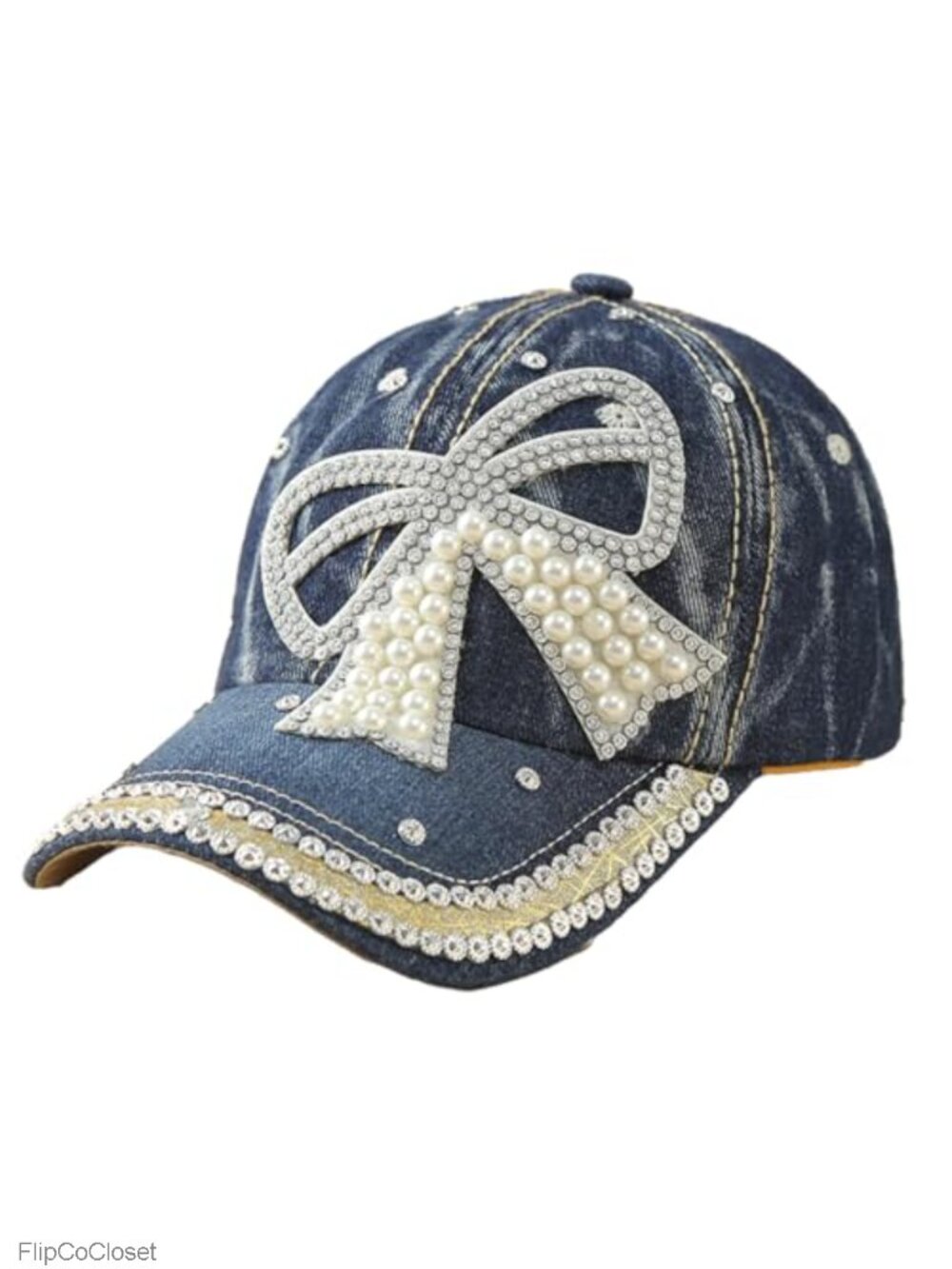 Women's Denim Baseball Cap with Pearl Rhinestone Y2K Visor UV Protection
